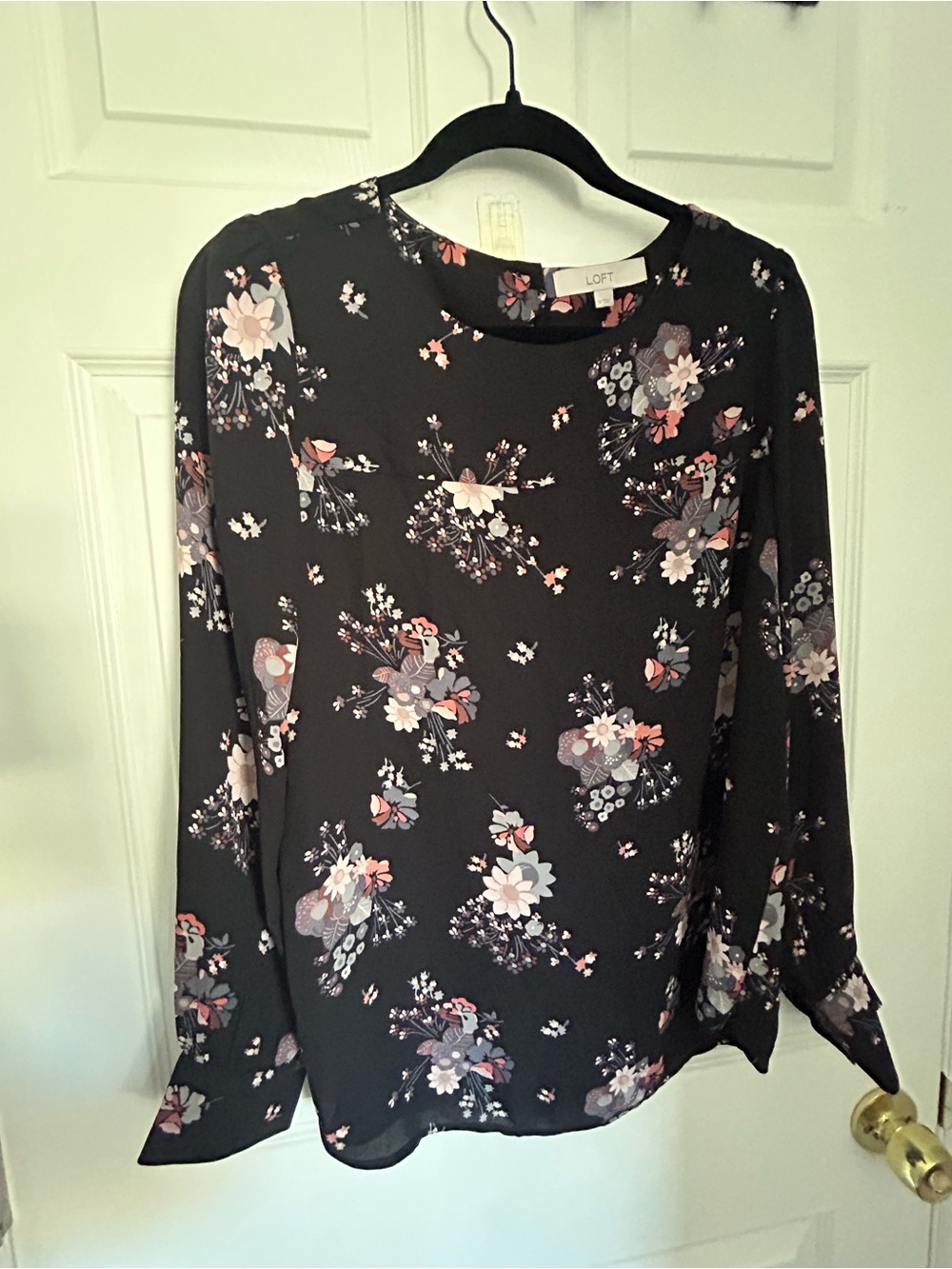 LOFT Black Floral Long-Sleeve Blouse with Pink & Gray Accents